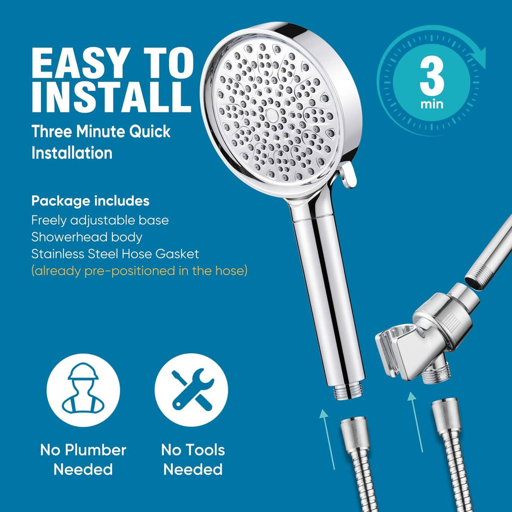 Chrome shower head with quick installation parts and adjustable hose connection