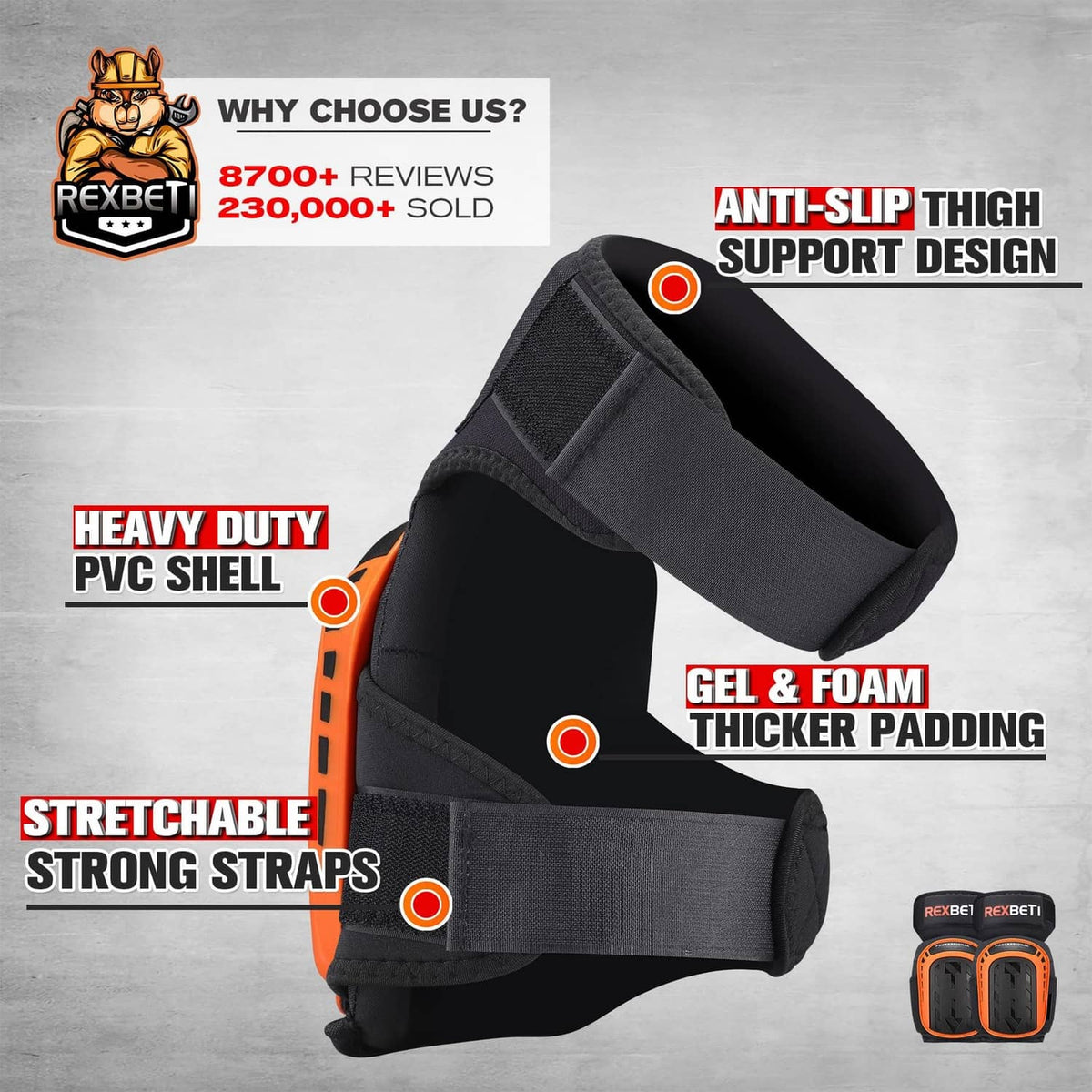 Pair of black knee pads with orange side shell accents and padded adjustable straps