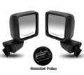 Pair of black side rear view mirrors with blind spot indicator and wiring connector
