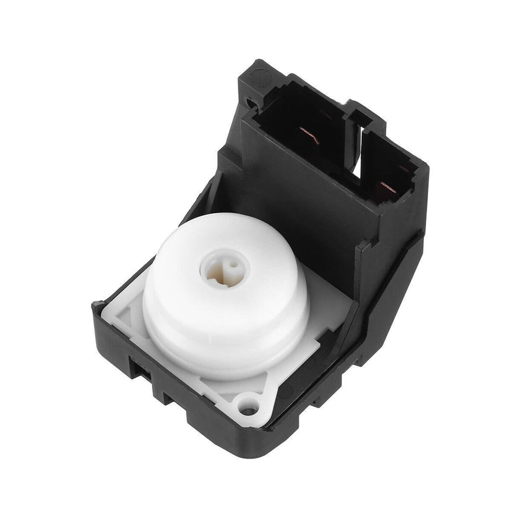 Ignition switch module top view with white actuator and black connector slots