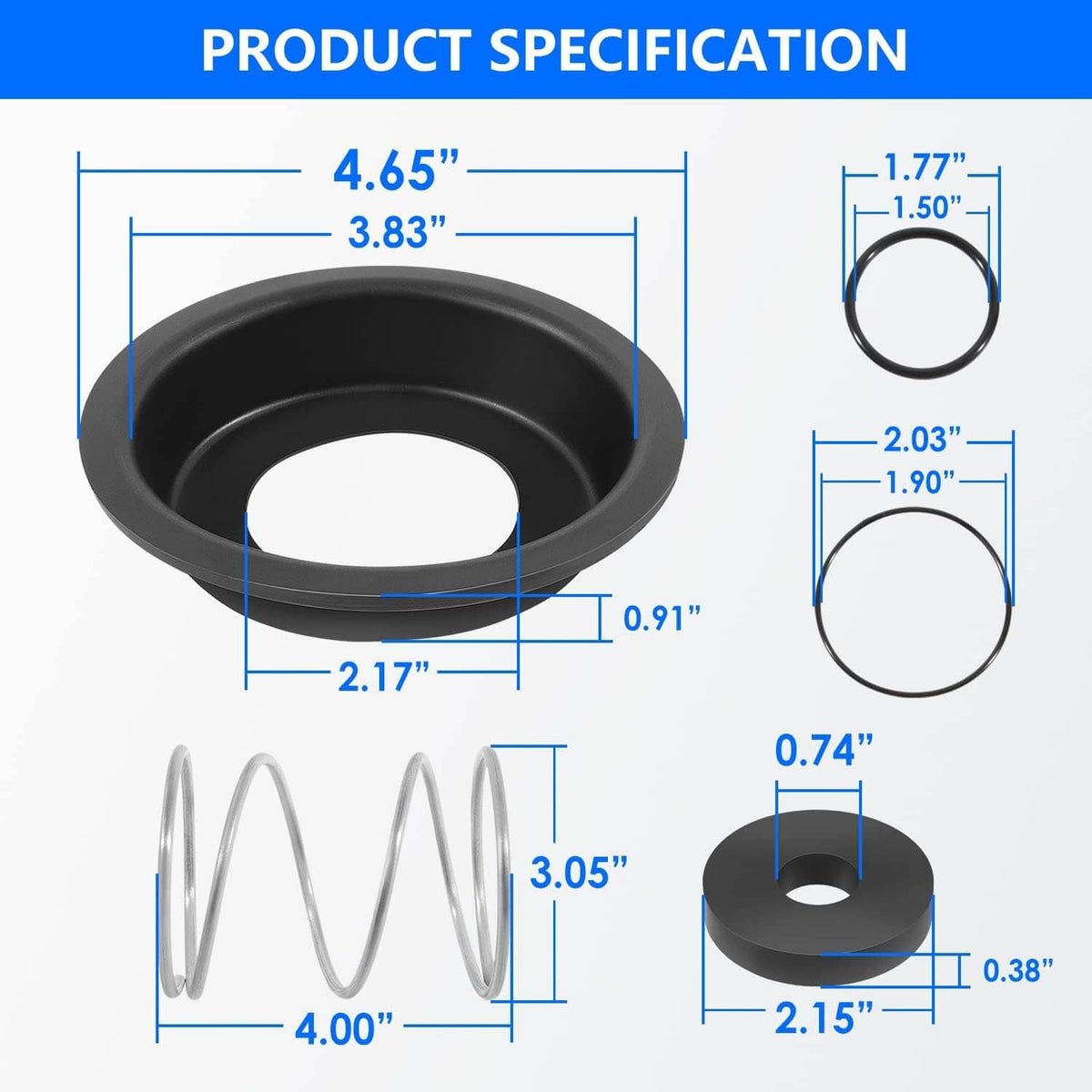 Rubber relief valve repair kit diaphragm and spring with size measurements diagram