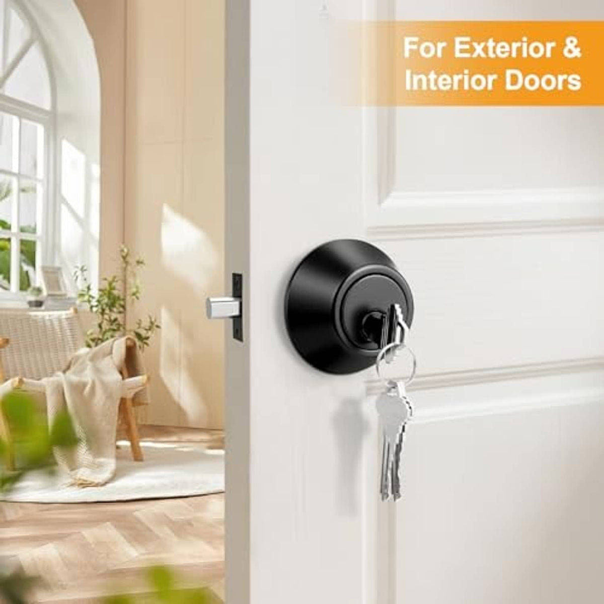Black round double cylinder deadbolt door lock on a door with two keys