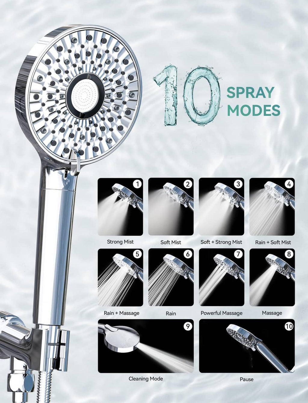 10-mode adjustable shower head face with chrome handle and mode selector icons