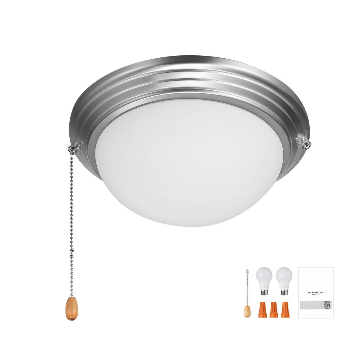 Silver flush-mount ceiling light with frosted glass globe and pull chain