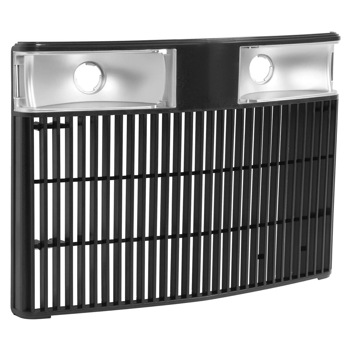 Rectangular tractor grille with black vertical slats and two circular light openings