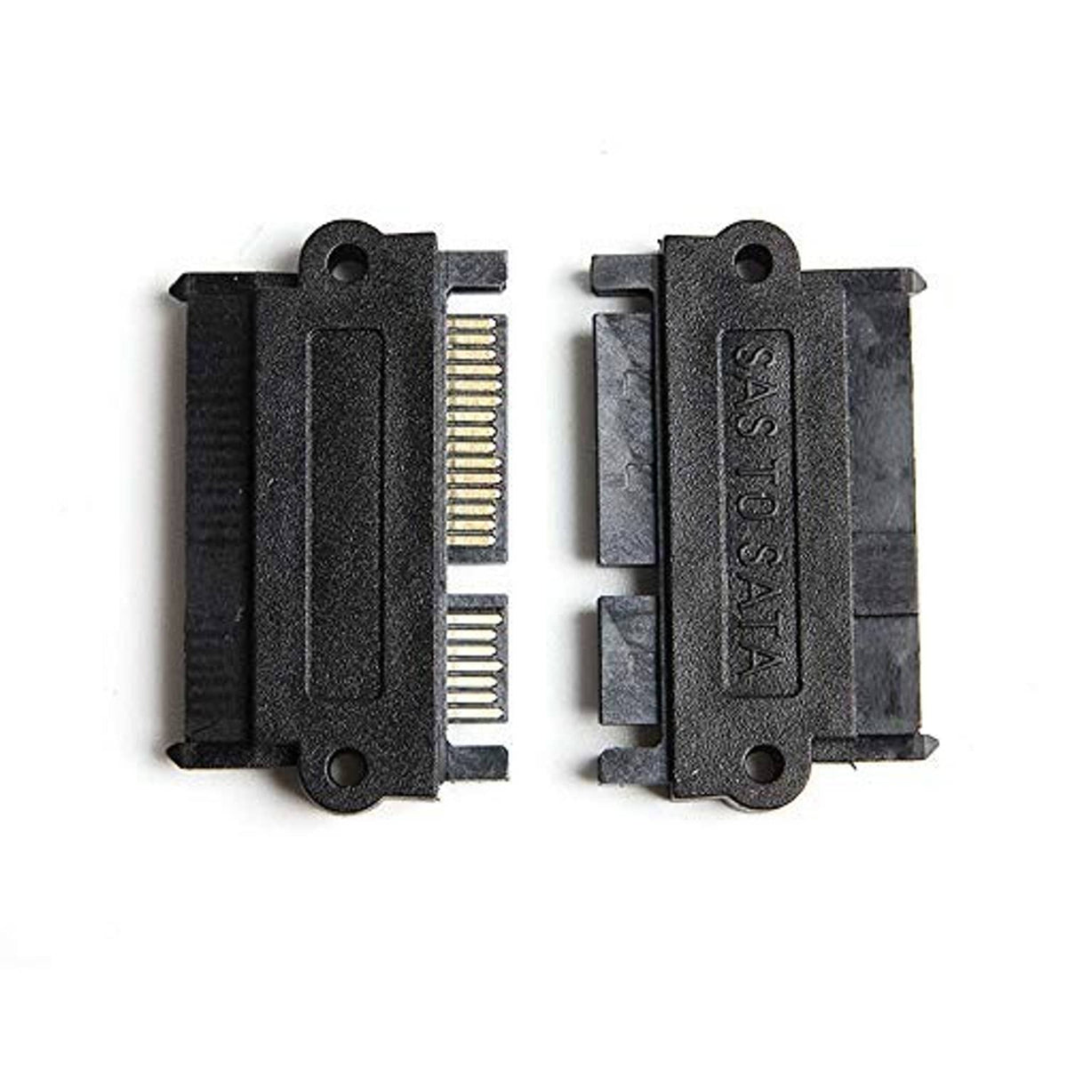 SAS to SATA hard drive adapter pair, black connector bodies with gold pin contacts