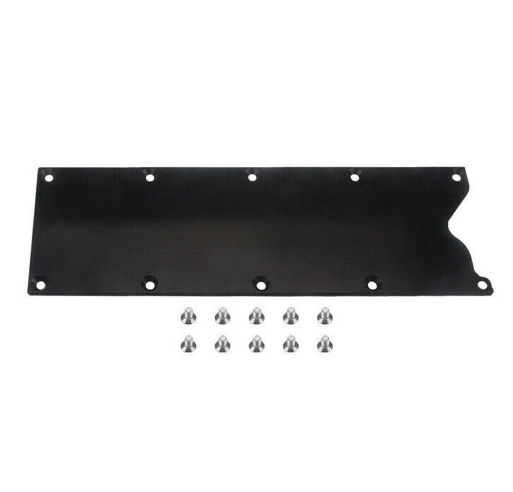 Black billet valley pan cover plate with multiple bolt holes and chrome bolts