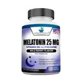 Melatonin 25 mg chewable supplement bottle with wild berry flavor label, 120 vegan tablets