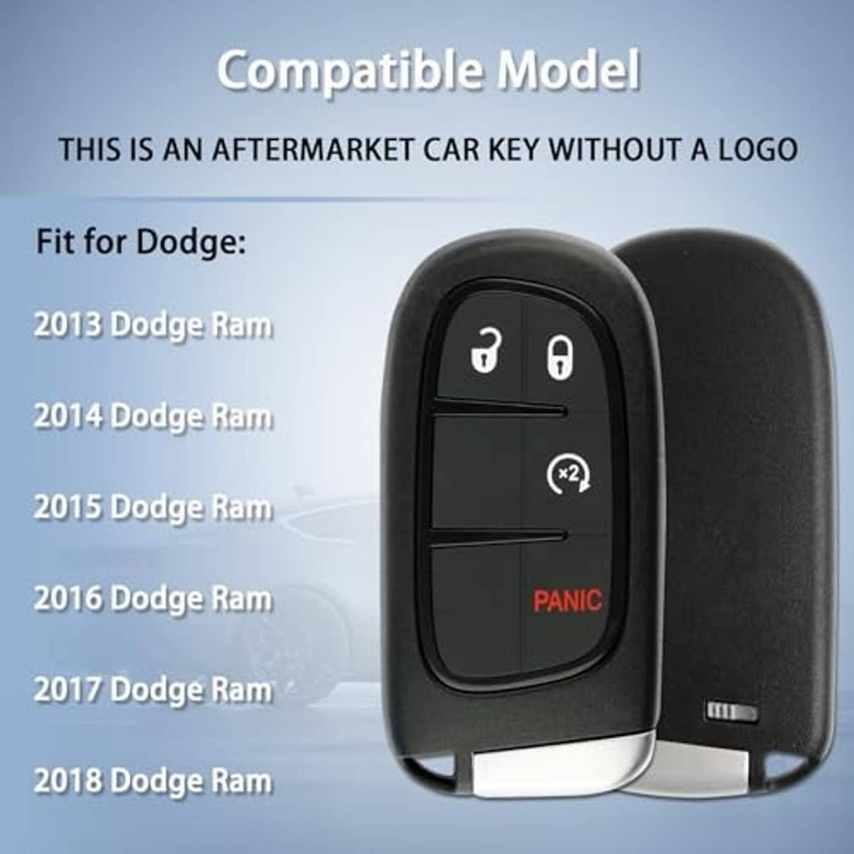 Black smart key fob front with matching key shell, showing panic button