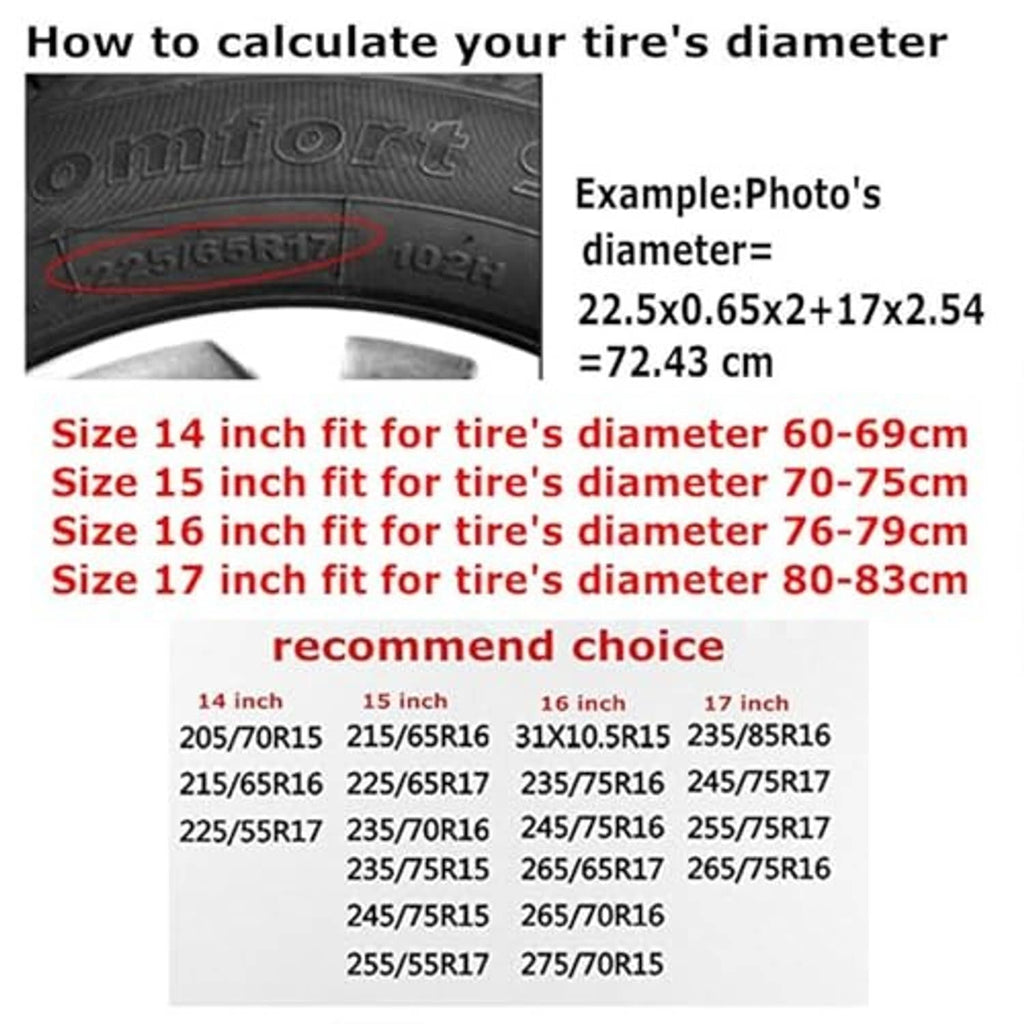 Tire cover fit-size chart for 14–17 inch spare tires