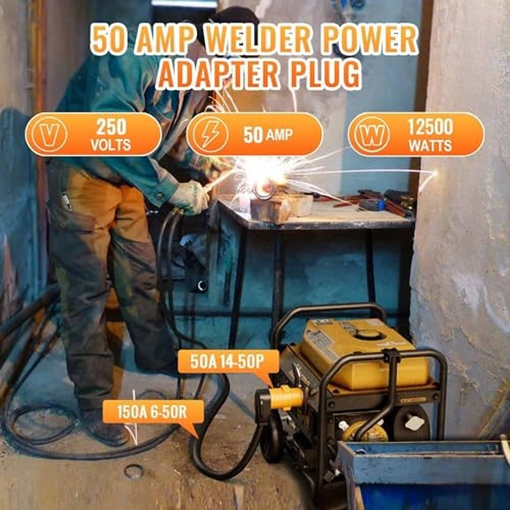 Yellow 50 amp welder power adapter plug with 4-prong connector at job site