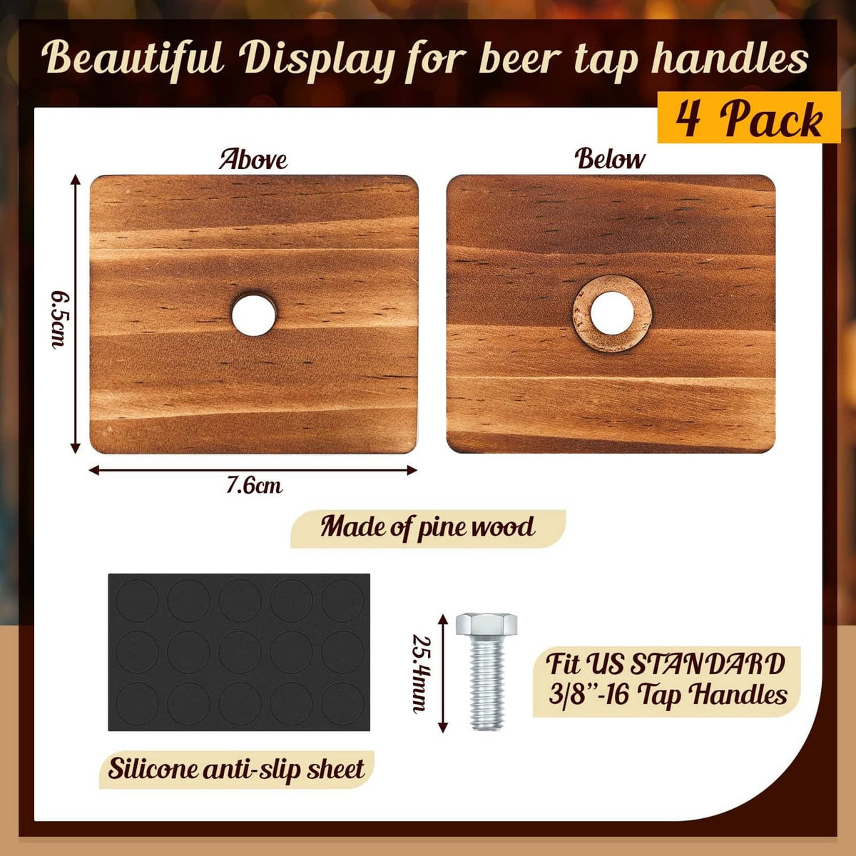Pair of pine wood beer tap handle display bases with round holes, side-by-side