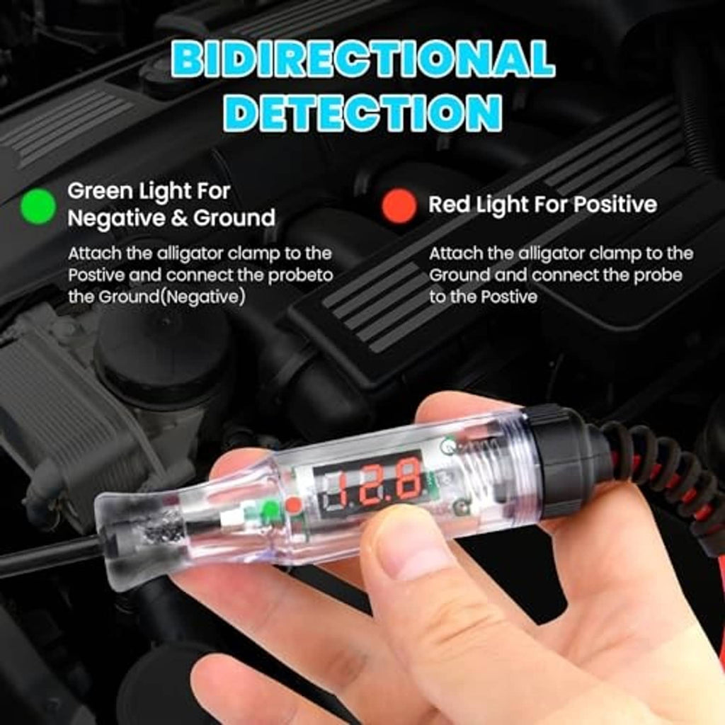 Bidirectional voltage tester with LED display 12.8, green indicator, clamp leads and probe