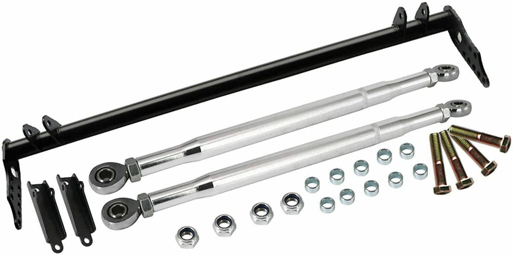 Front traction control tie bar kit with black bars, silver links, and mounting hardware