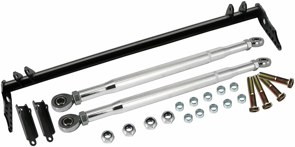 Front traction control tie bar kit with black bars, silver links, and mounting hardware