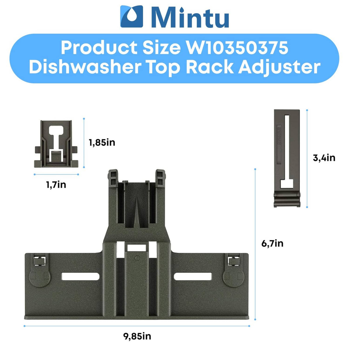 Top rack adjuster dark gray, shown with dimension markers for height and length