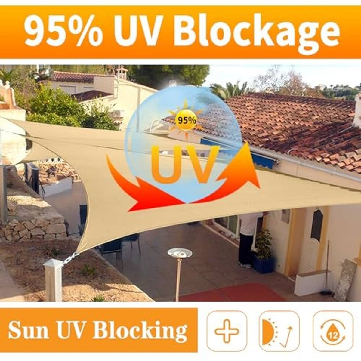 Beige sun shade sail canopy with 95% UV blockage coverage graphic