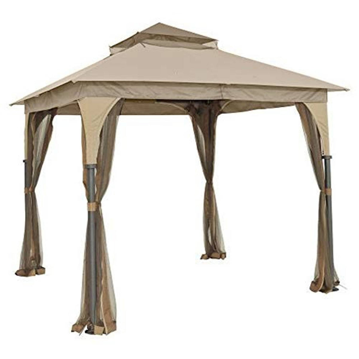 Beige gazebo canopy top cover with four hanging valances and corner poles