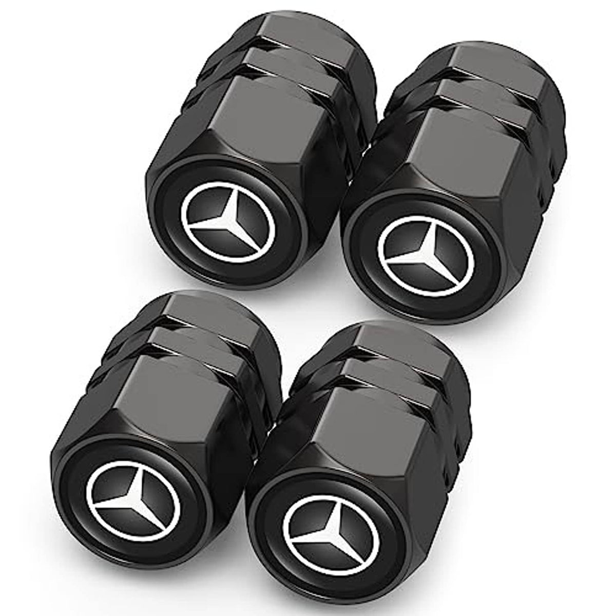 Set of 4 black tire valve stem caps with Mercedes-Benz star logo, faceted hex grip