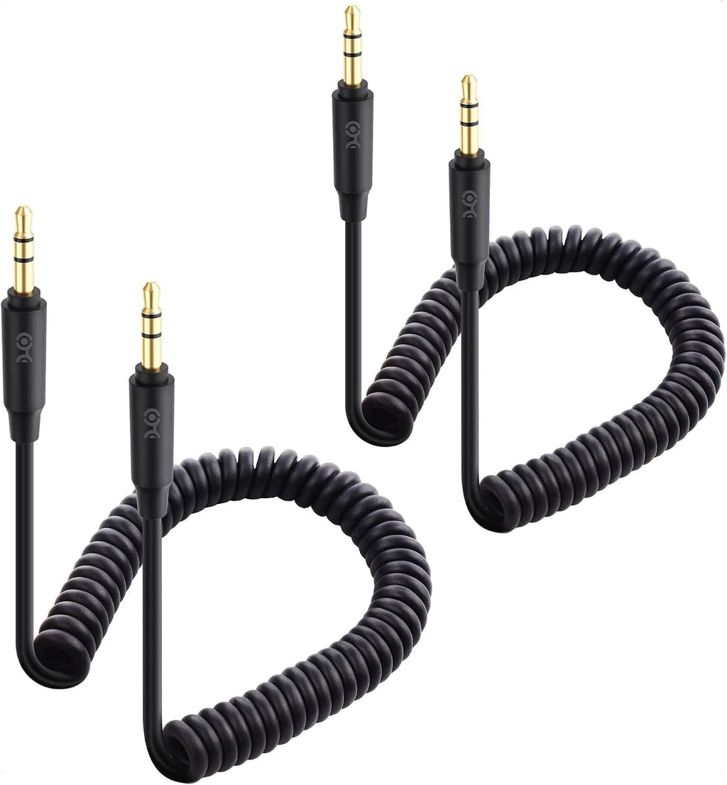 2-pack coiled 3.5mm stereo audio cables with black housing and gold male plugs