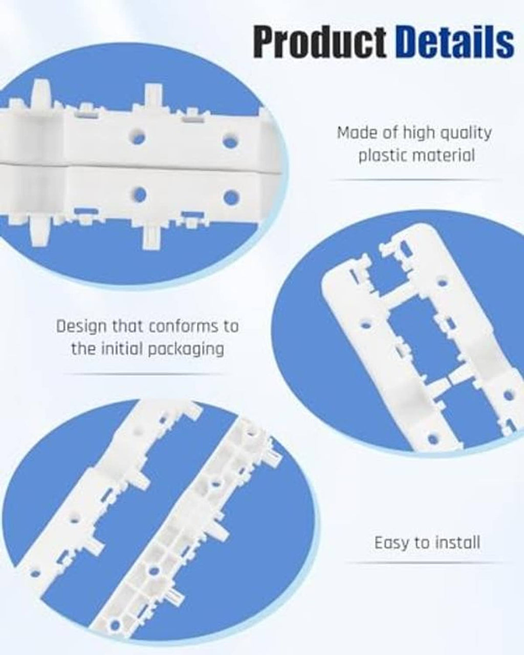 White plastic bumper bracket retainer with mounting holes, product detail