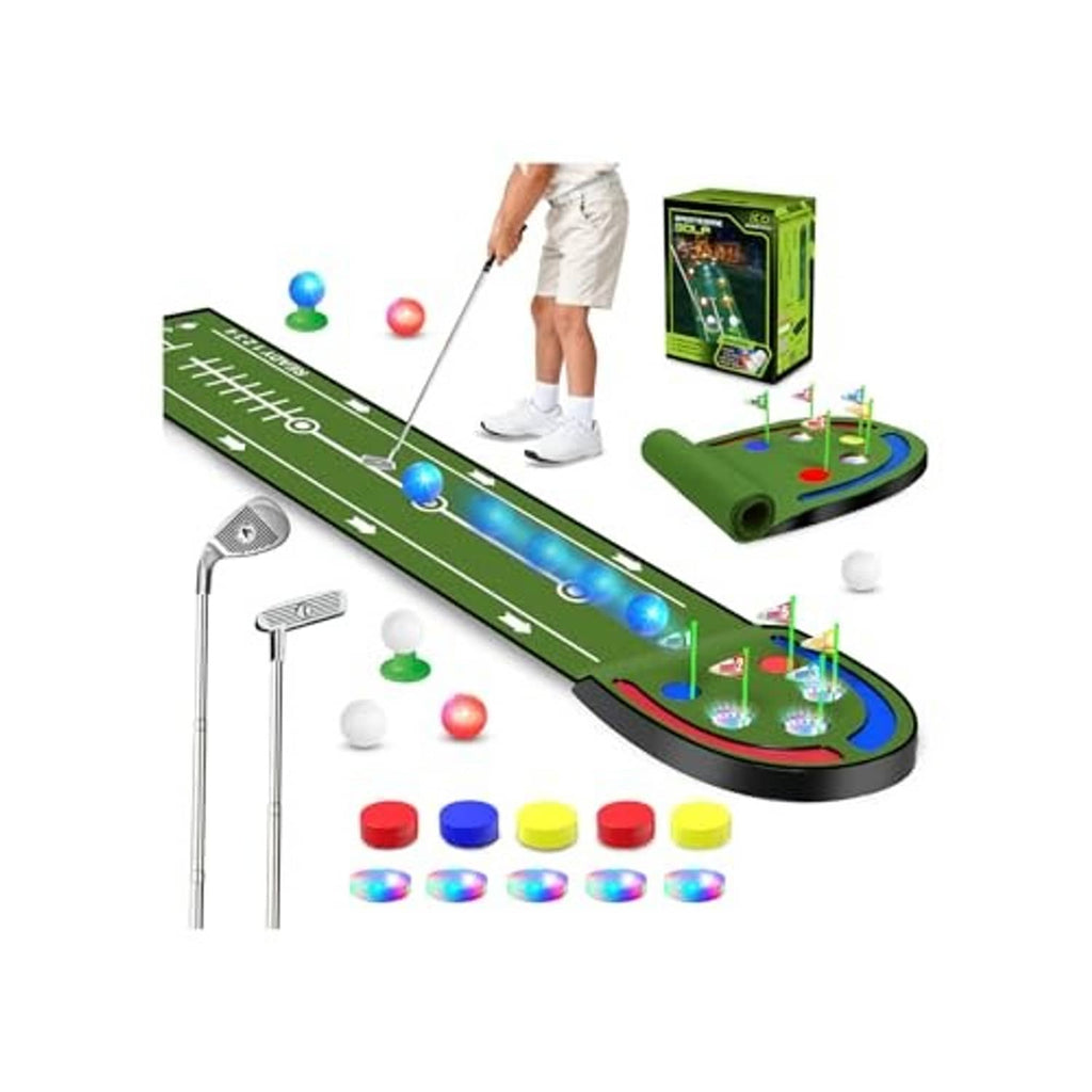 Kids golf putting mat set with green rolling track, cups, multi-color balls, putters