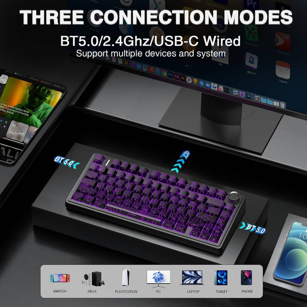 Black wireless mechanical keyboard angled view with RGB keys and right-side control knob
