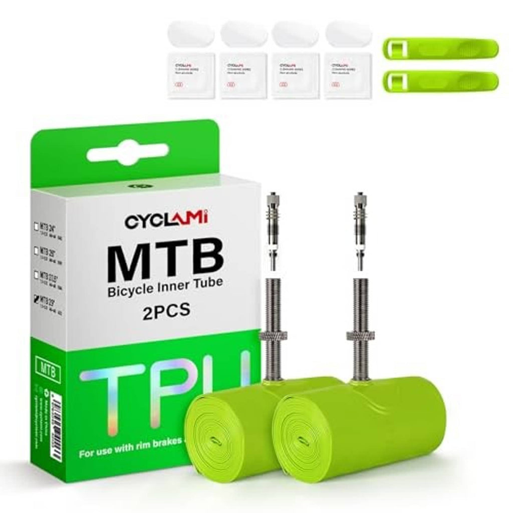 Green TPU MTB inner tube 2-pack, box plus two metal valve stems and rolls