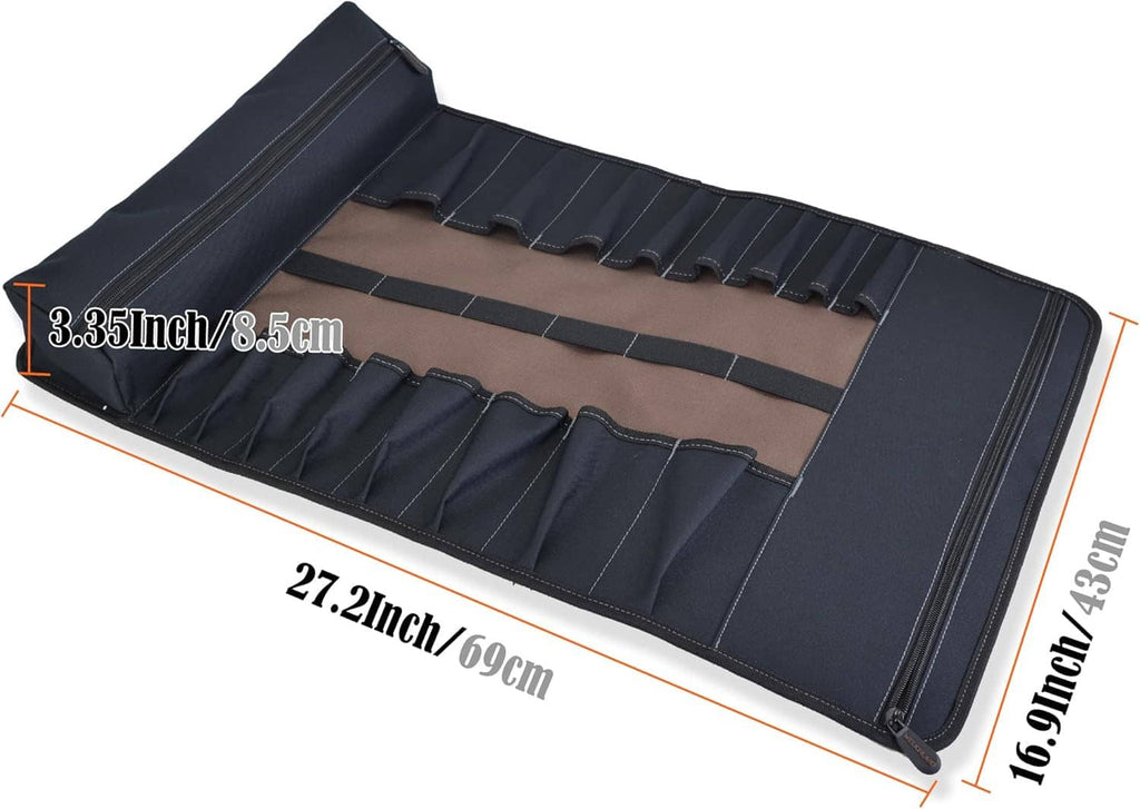 Dark 18-pocket tool roll with stitched compartments and fold-over closure