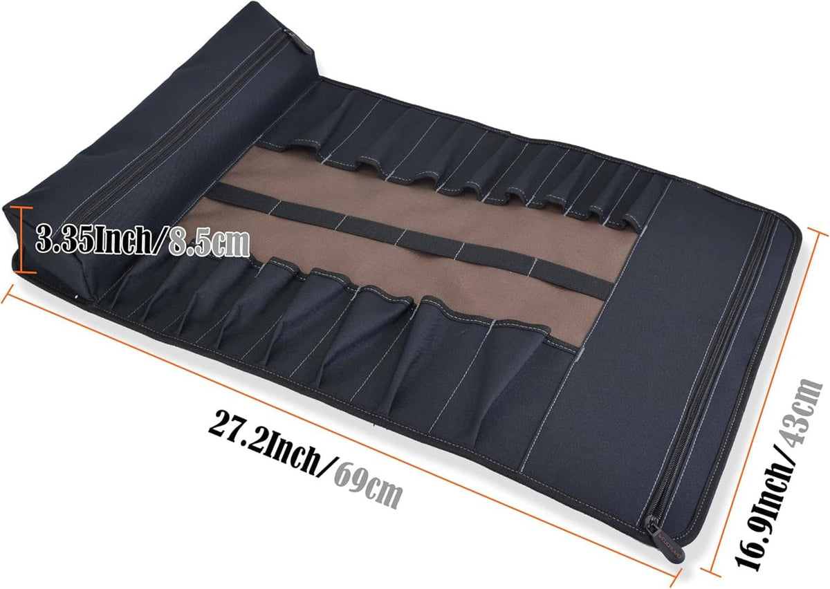 Dark 18-pocket tool roll with stitched compartments and fold-over closure