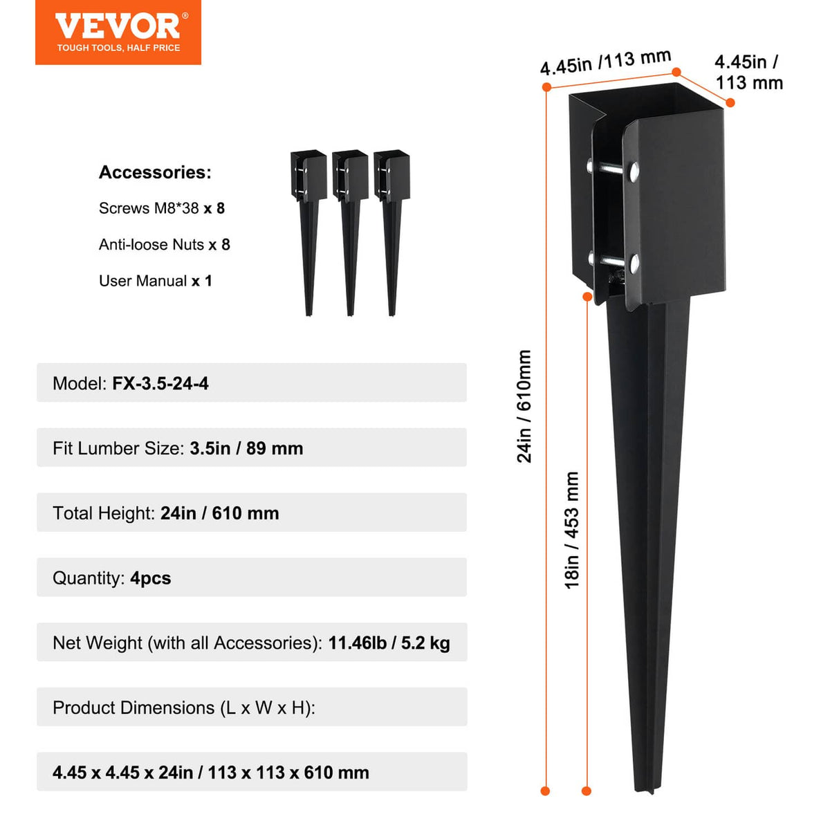 Black square ground spike fence post anchor with included screws and anti-loose nuts