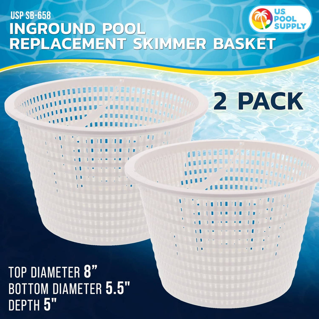Pair of off-white plastic skimmer replacement baskets with perforated mesh walls
