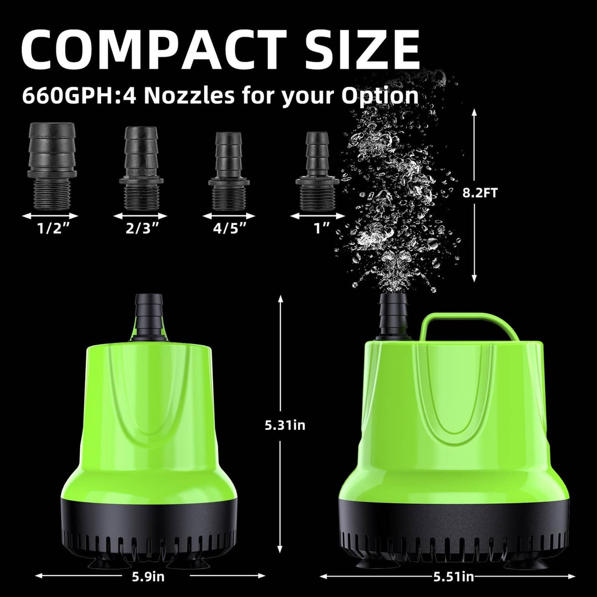 Compact green submersible water pump with height markers and nozzle set