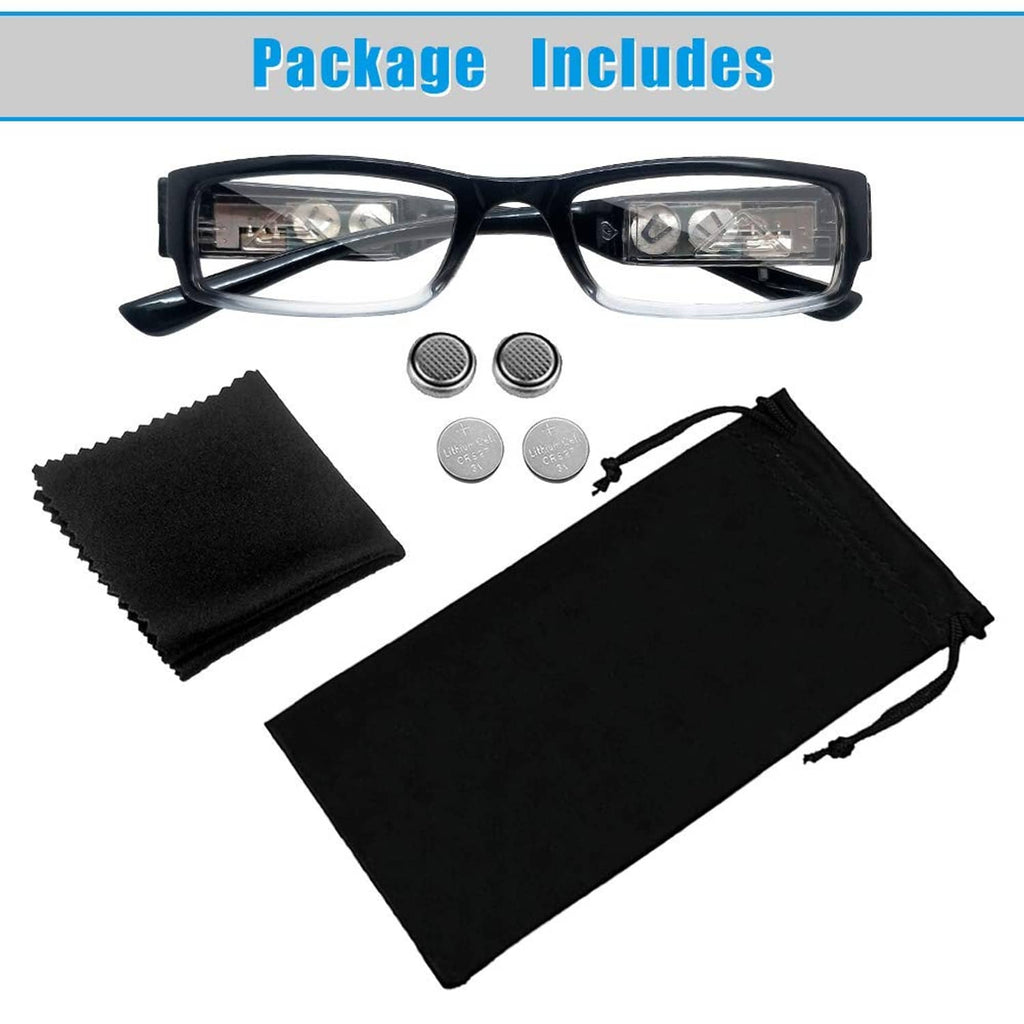 Reading glasses with LED lights, two spare lenses, and black storage pouch