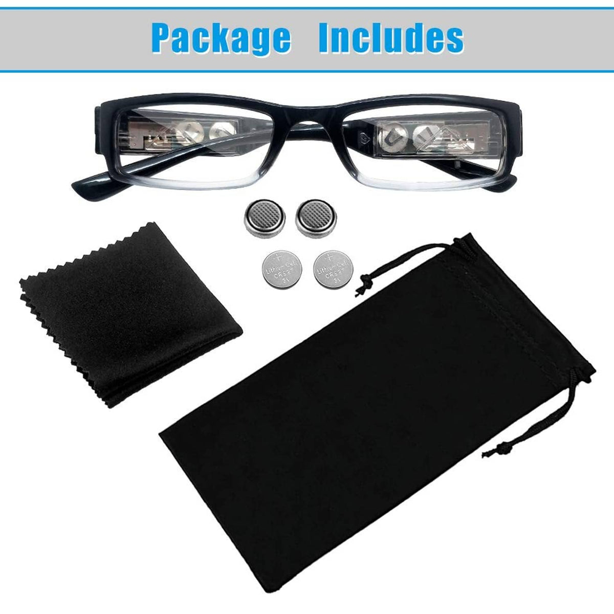 Reading glasses with LED lights, two spare lenses, and black storage pouch
