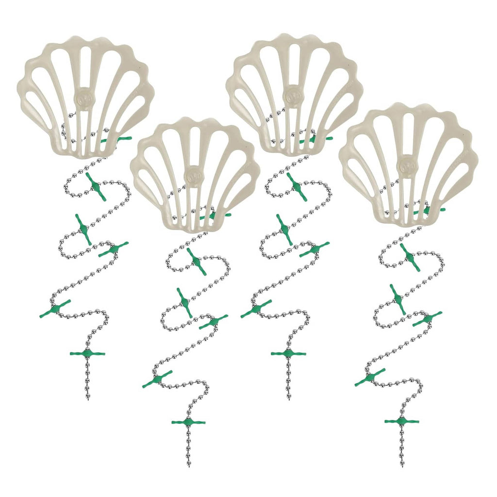 Disposable shower drain hair catcher: 4 white shell tops with green clips