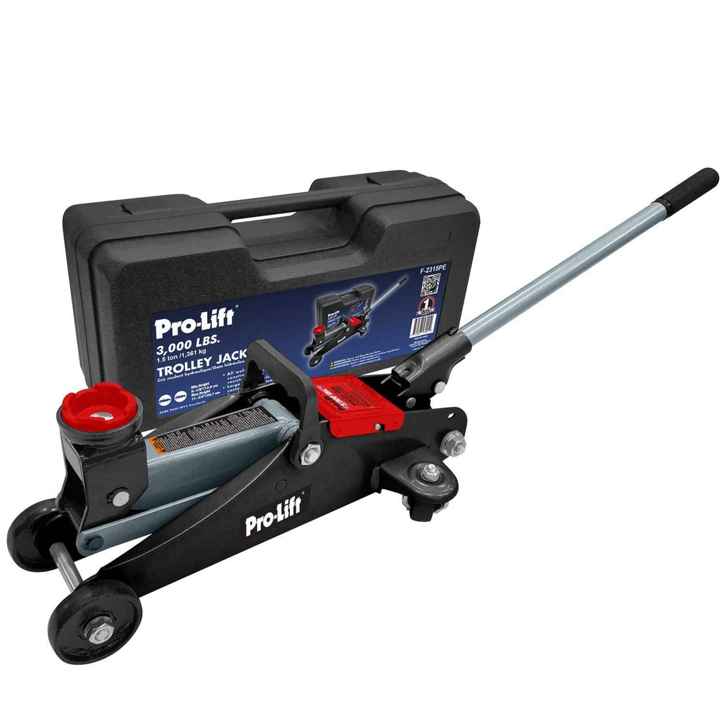 Hydraulic trolley jack in black and red with pump handle and four caster wheels
