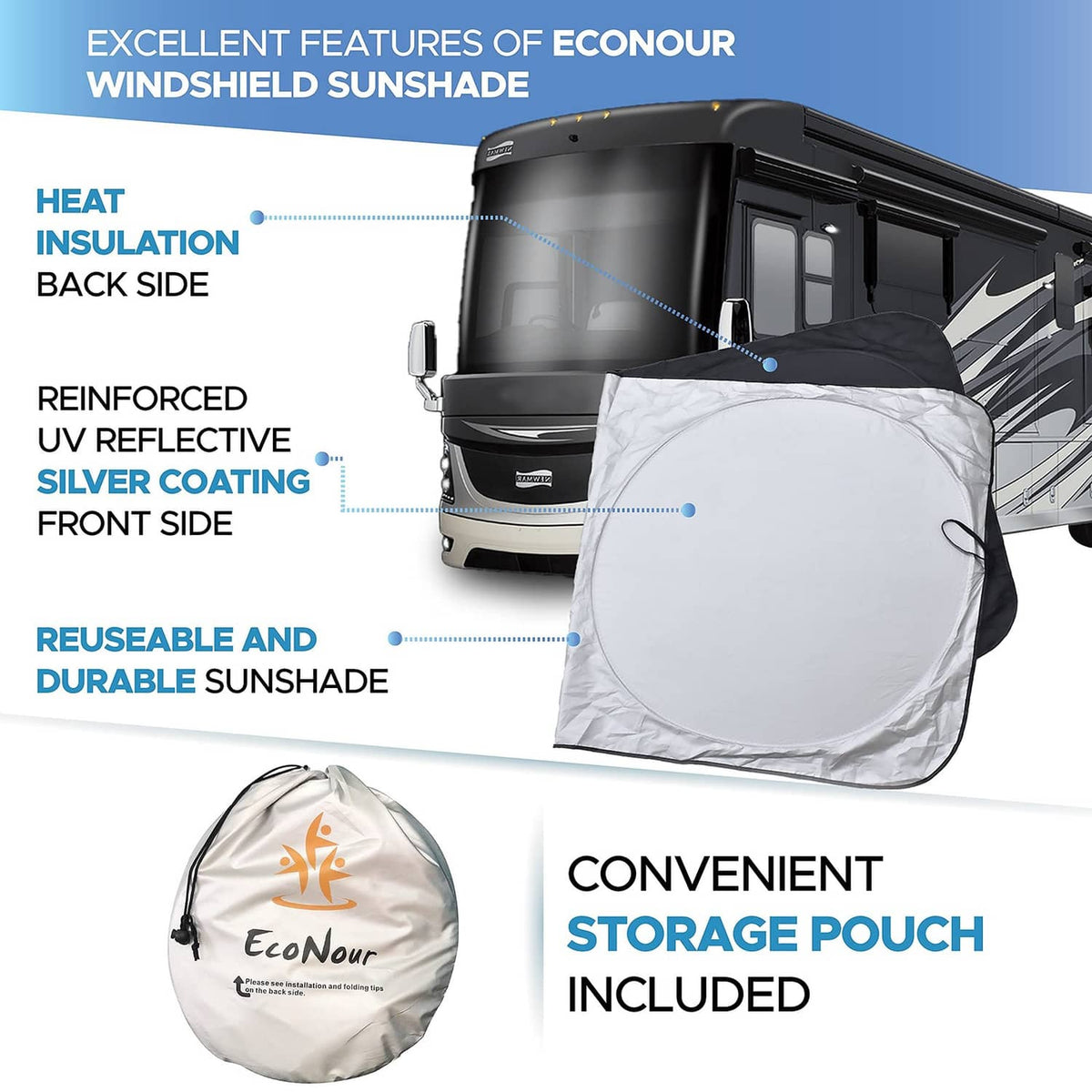Reflective RV windshield sunshade with included storage pouch, compact foldable design