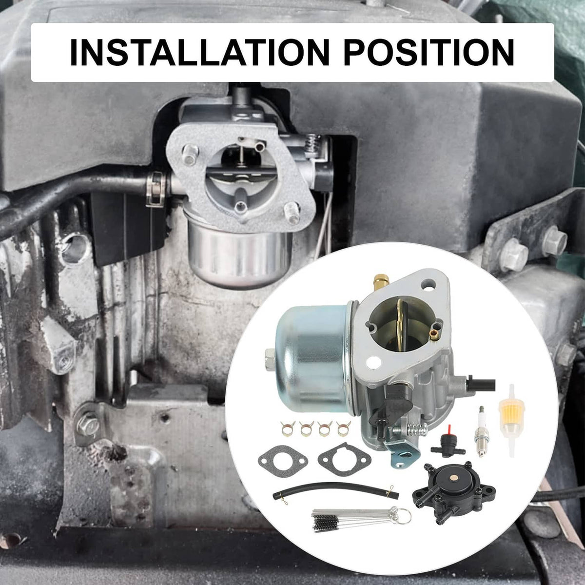Carburetor kit installed reference with carburetor assembly and gasket set