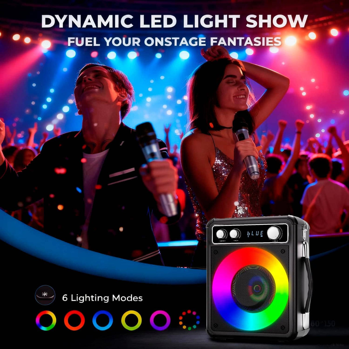 Karaoke speaker with dynamic multicolor LED light show and two wireless microphones