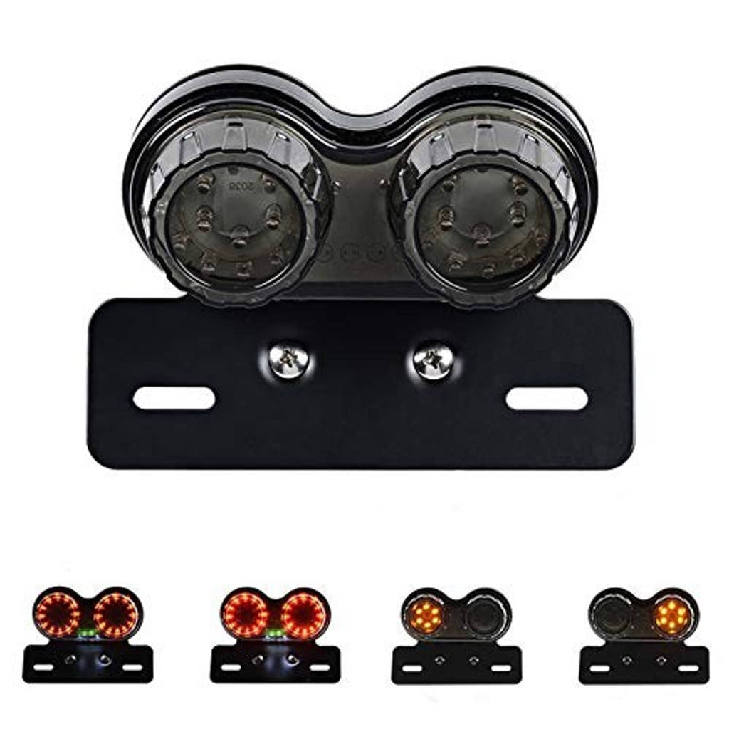 Black motorcycle tail light bar with two round LED lens modules and license plate mounting holes