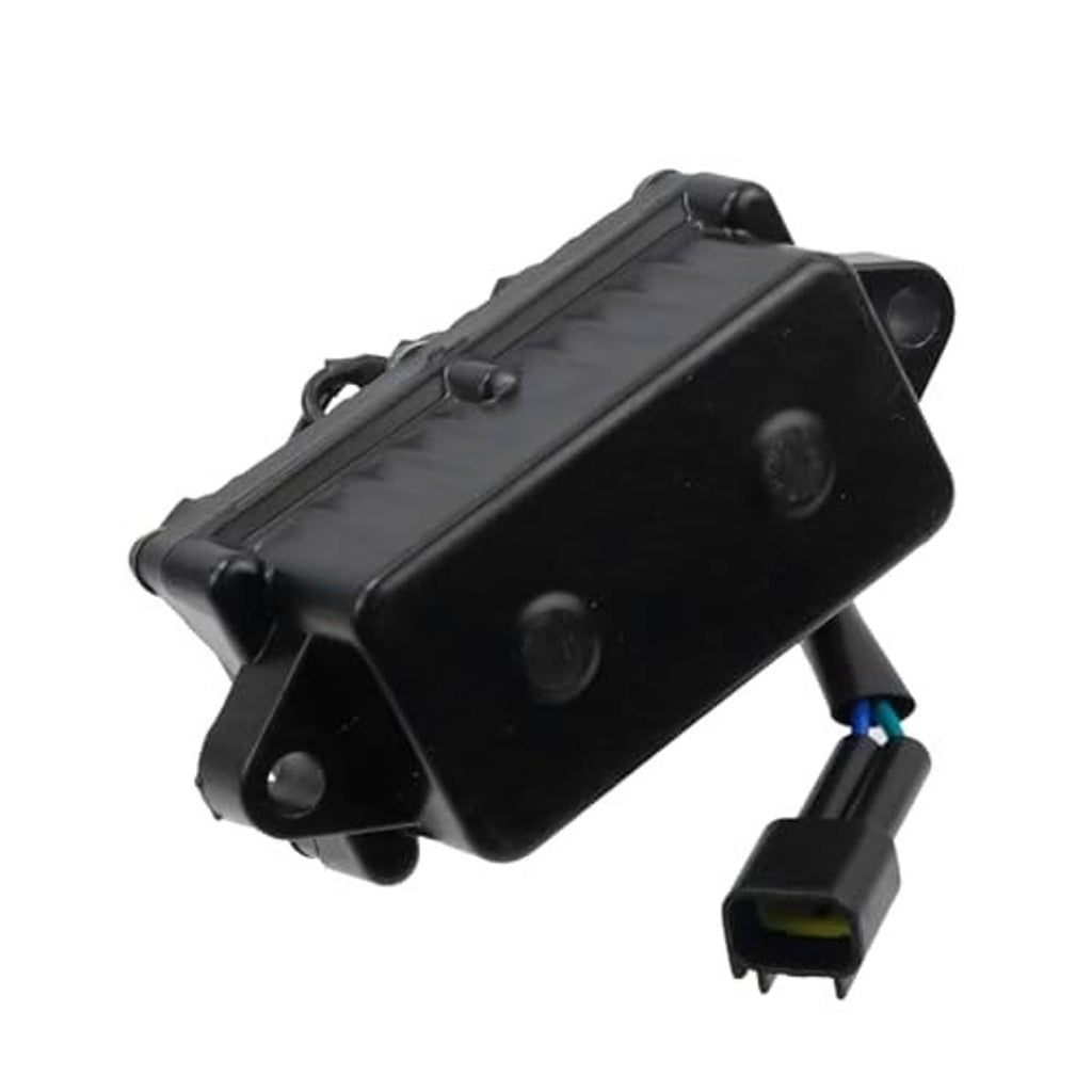 Tilt trim relay module for Yamaha outboard, side view of black box with mounting ears and plug