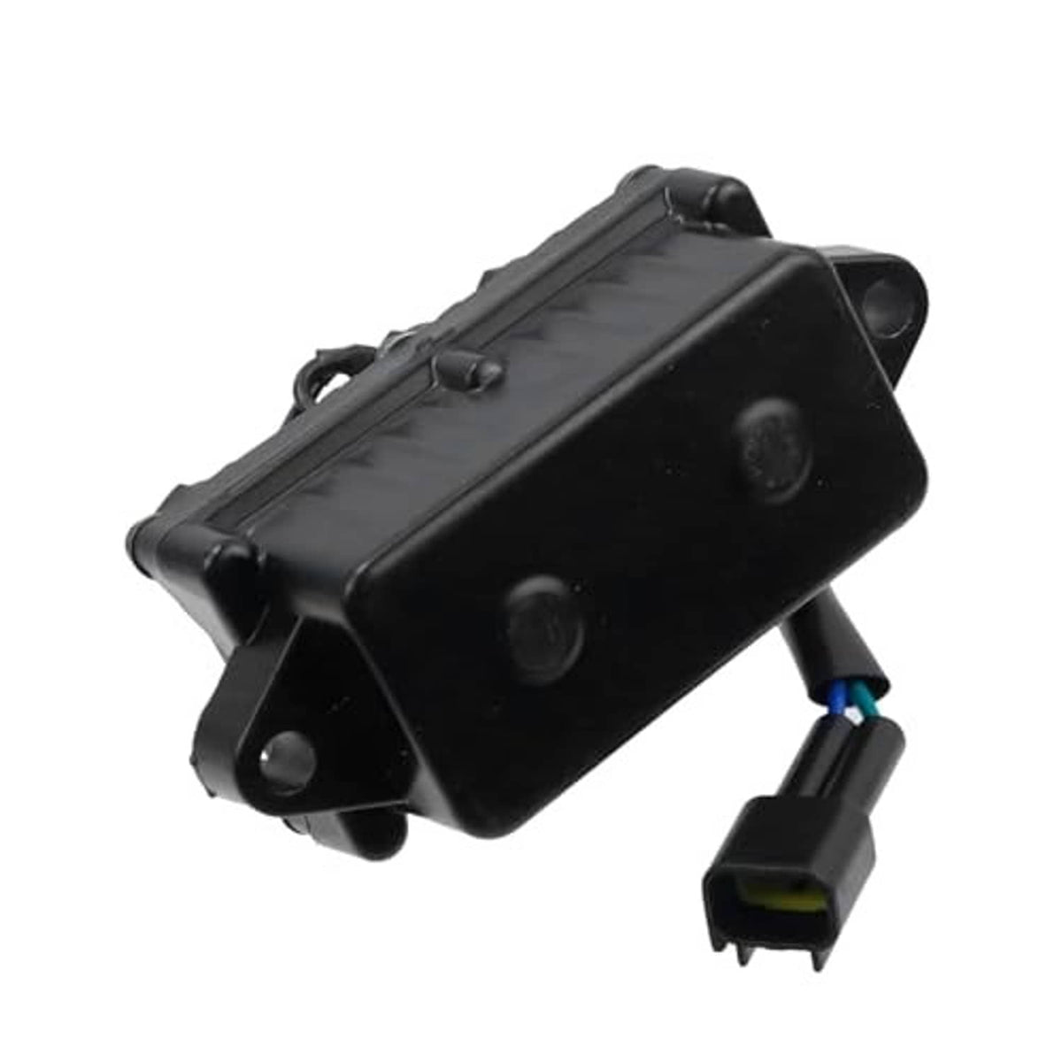 Tilt trim relay module for Yamaha outboard, side view of black box with mounting ears and plug