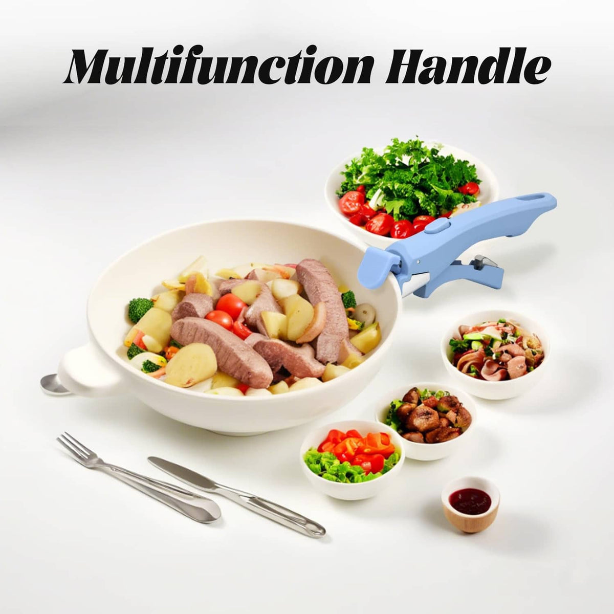 Blue-gray detachable handle for multi-use cooking with a large bowl and small dishes