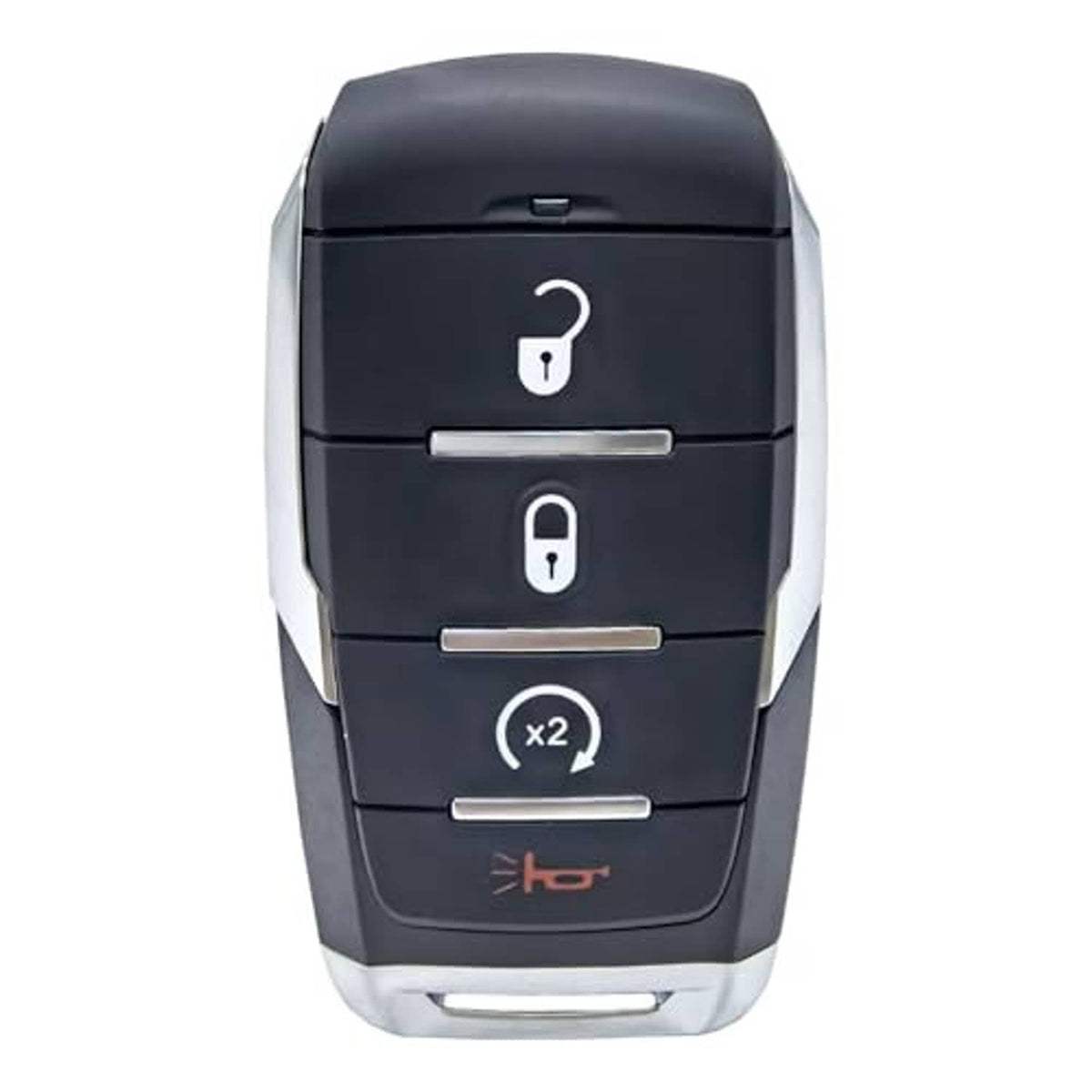Black 4-button proximity key fob with key and lock icons, x2 and button bars