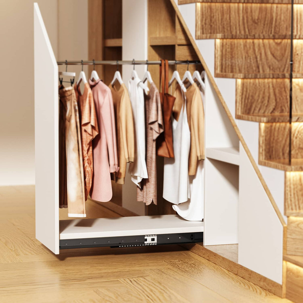 Black undermount drawer slide rail installed under a stair cabinet with hanging clothes.
