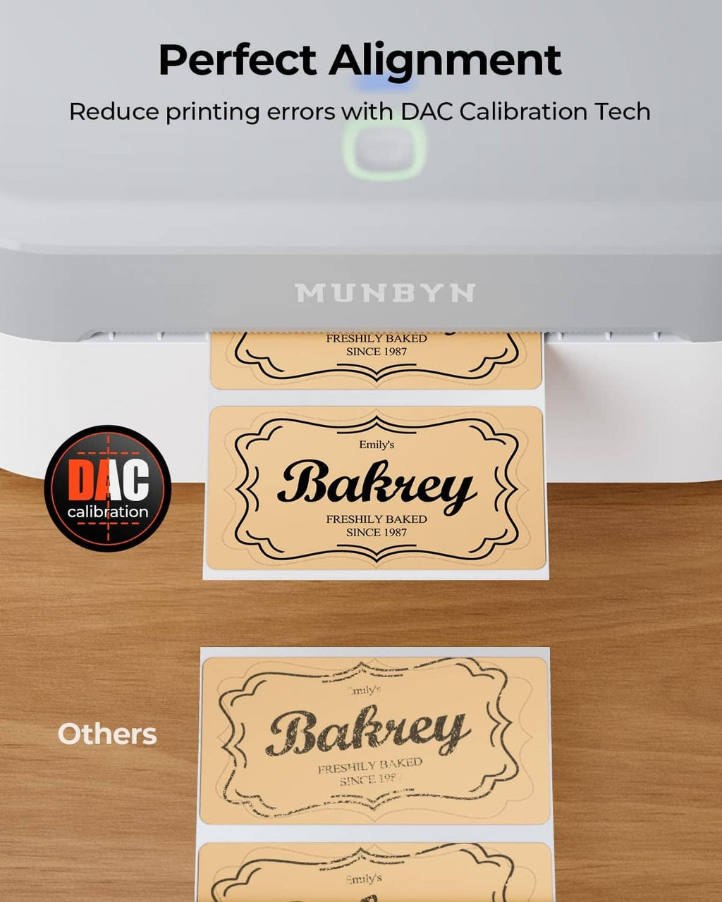 Grey thermal label printer printing bakery-style labels with DAC alignment marks