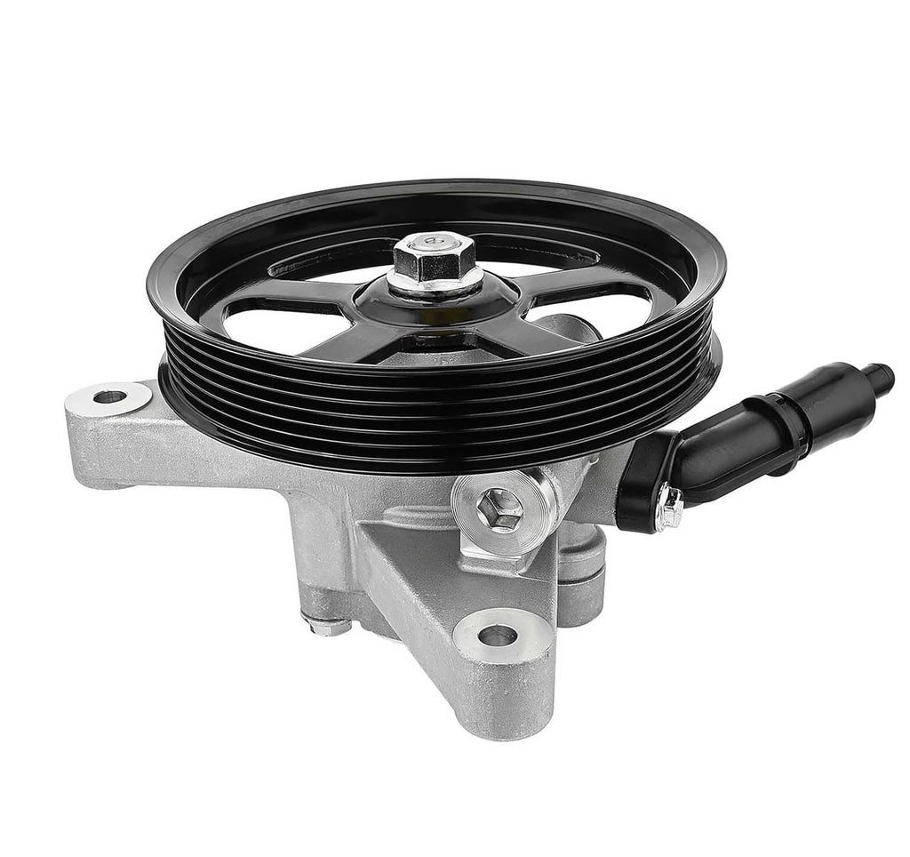 Power steering pump with black pulley, silver base, and black pressure hose