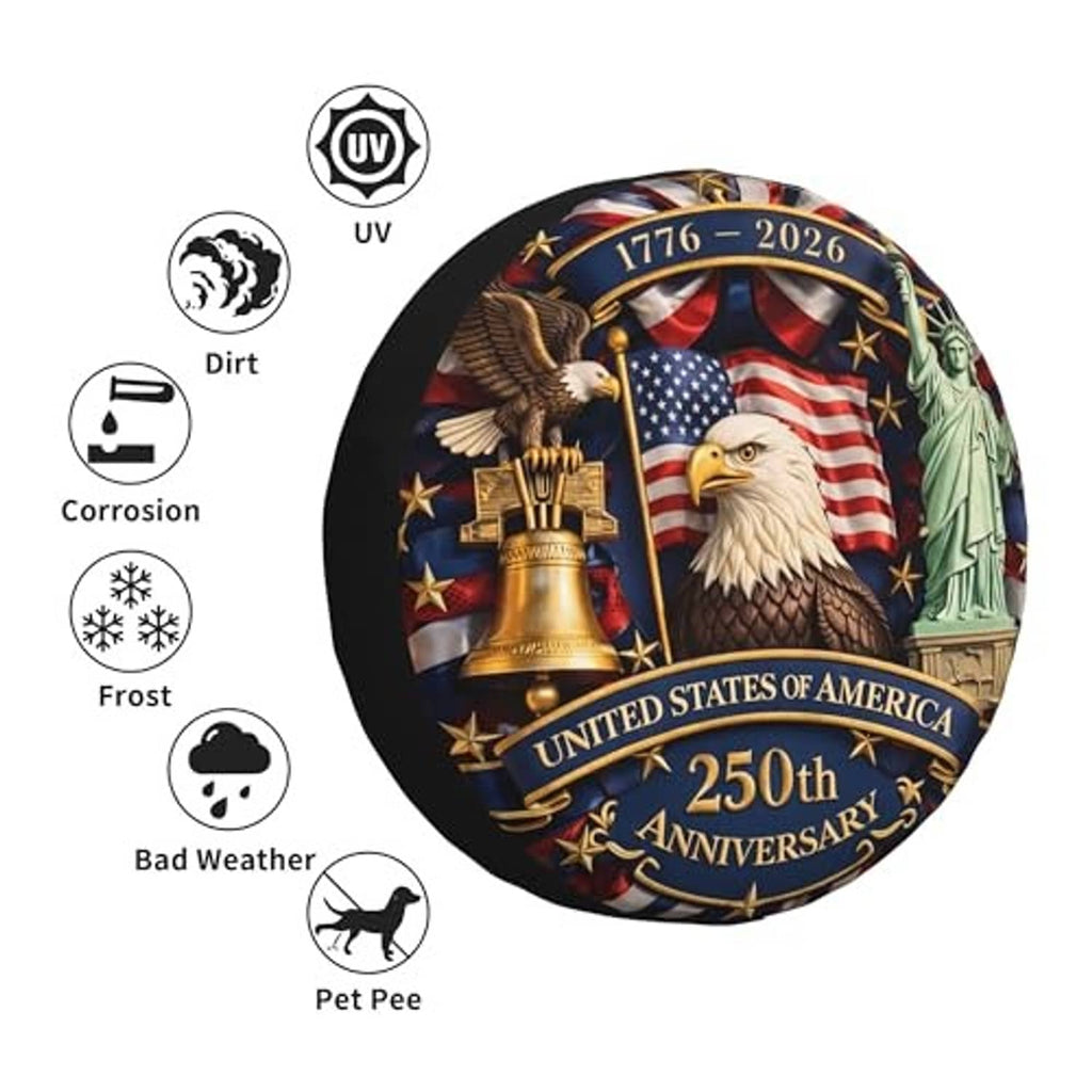 14-inch tire cover protection icons: UV, dirt, corrosion, frost, bad weather, pet pee