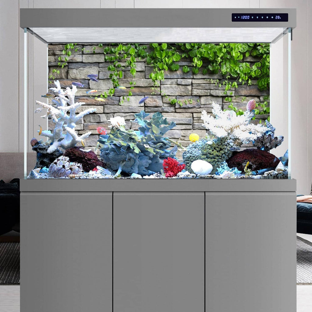 Stone brick aquarium vinyl backdrop with bright green ivy leaves along the top